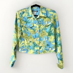 Maggy‎ L Silk Button Front Shell Jacket Lime Green Palm Embellished Beads Size 6